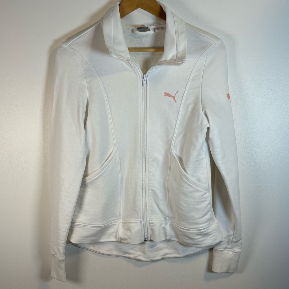Puma Women’s White Zip-Up Sweatshirt Pink Logo Athletic Jacket, Size Small